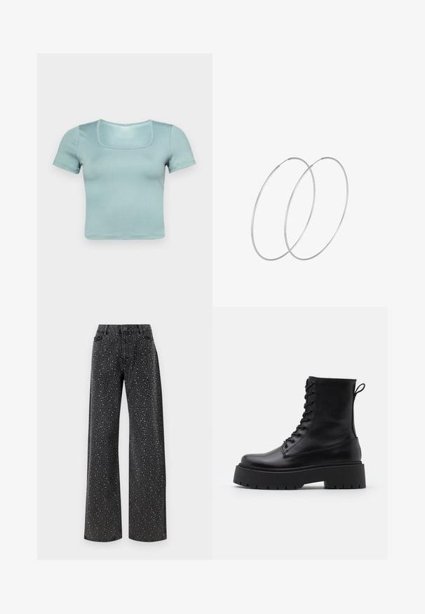 C короткām piedurknēm, īss topiņš gaiši zilā krāsā; ar kvadrātveida dekoltē, gludu tekstūru un pieguļošu dizainu modernam izskatam.; Noisy May NMJANNEL LOOSE - Brīva piegriezuma džinsi - black denim; Melni ādas potītēm zābaki ar apļveida purngalu, auklām priekšpusē un biezu gumijas zoli ar teksturētu protektoru. Velkšanas cilpa aizmugurē.; Sudraba gredzenveida auskari ar minimālistisku dizainu. Cirkulāra forma, gluda tekstūra un plāns profils. Vieglu svaru ar spīdīgu apdari.