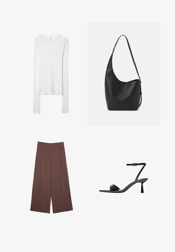 Biela dlhá tričko s dlhým rukávom vyrobené z mäkkého a elastického materiálu. Má zaoblený výstrih a priliehavé rukávy s jednoduchou, hladkou textúrou.; Hnedé nohavice so širokými nohavicami a hladkou textúrou, s vysokým pásom a prednými skladmi. Tkanina je ľahká a voľne sa pohybuje.; Bershka Sandále na vysokom opätku - black; Čierna kožená hobo taška so hladkou textúrou, zakriveným tvarom a jedným nastaviteľným popruhom; má široké otvorenie na vrchu.