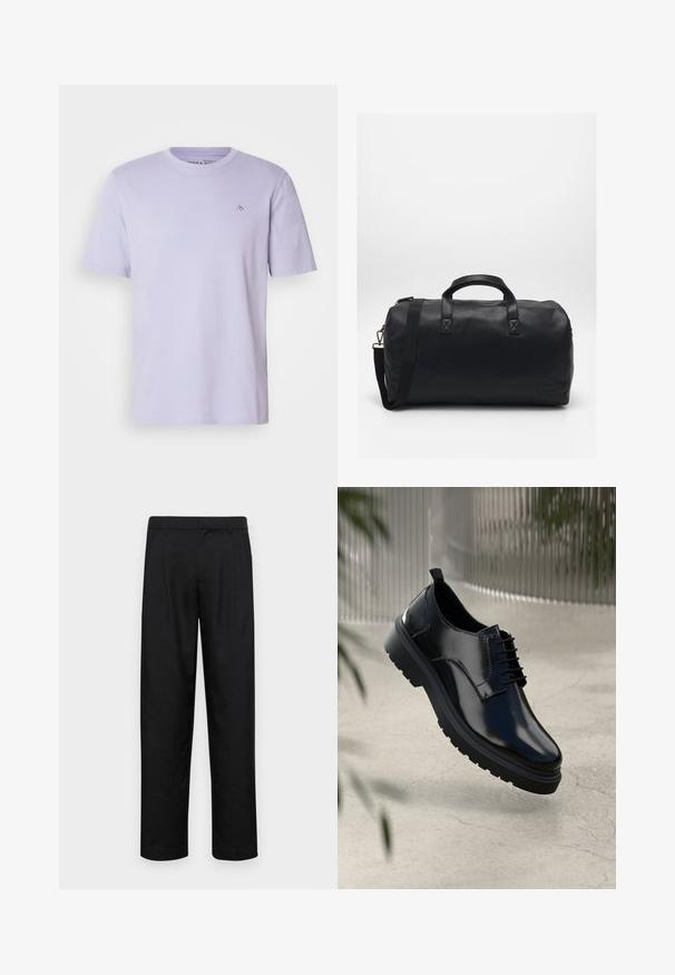 Svetlofialové bavlnené tričko s okrúhlym výstrihom, krátkymi rukávmi a malým vyšívaným logom na hrudi. Mäkka textúra a štandardný strih.; Čierne nohavice vyrobené z hladkej tkaniny, s rovnými nohavicami, dvoma prednými skladmi a štandardným pásom s pútkami na opasok.; Čierna kožená topánka s lesklým povrchom, okrúhlou špičkou, šnurovacími detailmi, kontrastným prešívaním a hrubou gumovou podrážkou so vzorom na podrážke.; Čierna športová taška vyrobená z textúrovaného syntetického materiálu. Má dve uši a nastaviteľný ramenný popruh. Jednoduchý dizajn bez viditeľných vzorov.