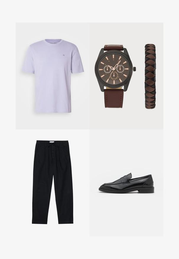 Svijetloplavi pamučni majica s okruglim izrezom, kratkim rukavima i malim logotipom izvezenim na prsima. Mekana tekstura i standardni kroj.; Pier One Chino hlače - black; Crne kožne mokasine s glatkom površinom, s okruglim vrhom i uskim pojasom preko gornjeg dijela. Nizak slojeviti potplat.; Pier One SET - Ručni sat - black/brown