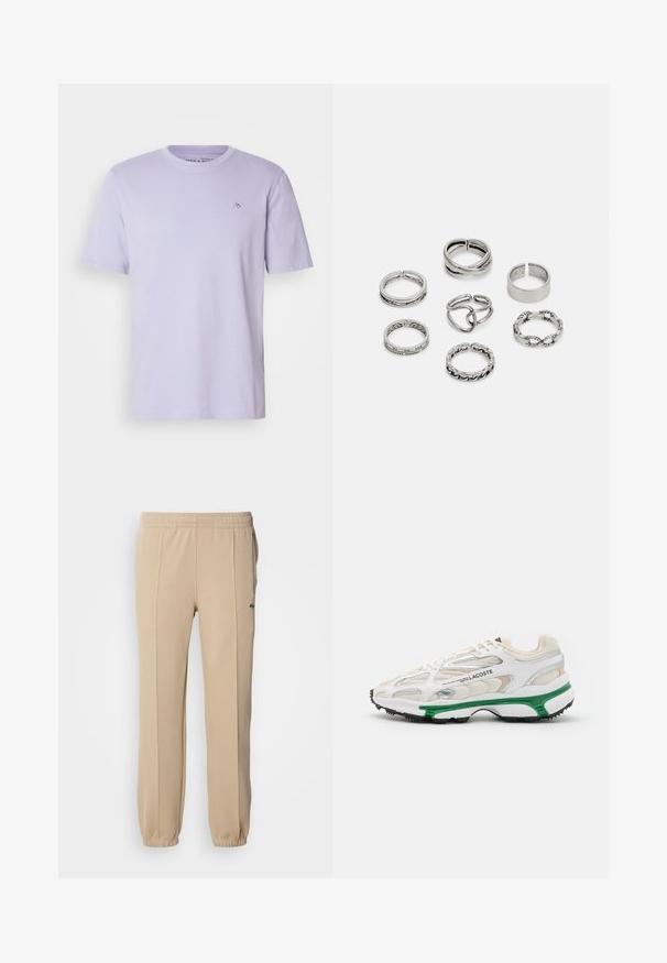 Lichtpaarse katoen t-shirt met een ronde hals, korte mouwen en een klein logo geborduurd op de borst. Zachte textuur en een standaard pasvorm.; Lacoste Trainingsbroek - viennese; Witte sneaker met groene accenten en zwarte rubberen zool. Bevat mesh en synthetische panelen, met een textuurafwerking en zichtbare stiksels.; Set van zeven zilveren ringen met verschillende ontwerpen, waaronder gedraaide, verbonden en gegraveerde patronen. Verschillende vormen en breedtes.