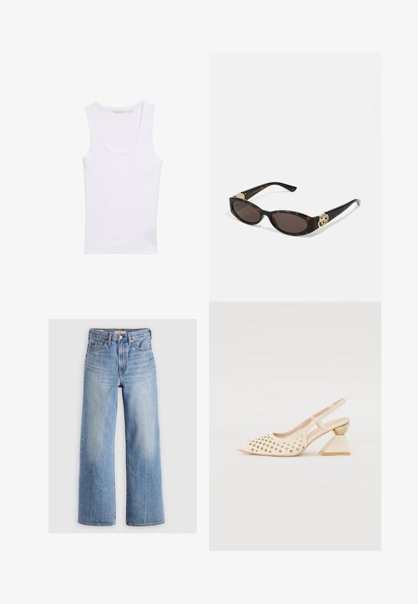Canotta bianca in cotone con scollatura a barca. Presenta una silhouette aderente e una texture liscia. Senza motivi né decorazioni.; Hofmann Copenhagen EXCLUSIVE GENEVIVE - Top - off white; Jeans in denim blu chiaro a gamba larga con vita alta, aree sbiadite, cinque tasche e cuciture a contrasto. Classico bottone e chiusura con zip.; Scarpa slingback beige con tomaia perforata, punta affilata e un tacco triangolare a contrasto con un accento dorato. Texture liscia nel complesso.; Occhiali da sole tartarugati con lenti ovali allungate, tonalità marrone, accenti dorati con logo sulle tempie e aste nere eleganti.; Borsa a mano floreale bianca con superficie in tessuto arricciato, tracolla in catena dorata e chiusura in metallo. Presenta petali testurizzati per un tocco di dettaglio in più.