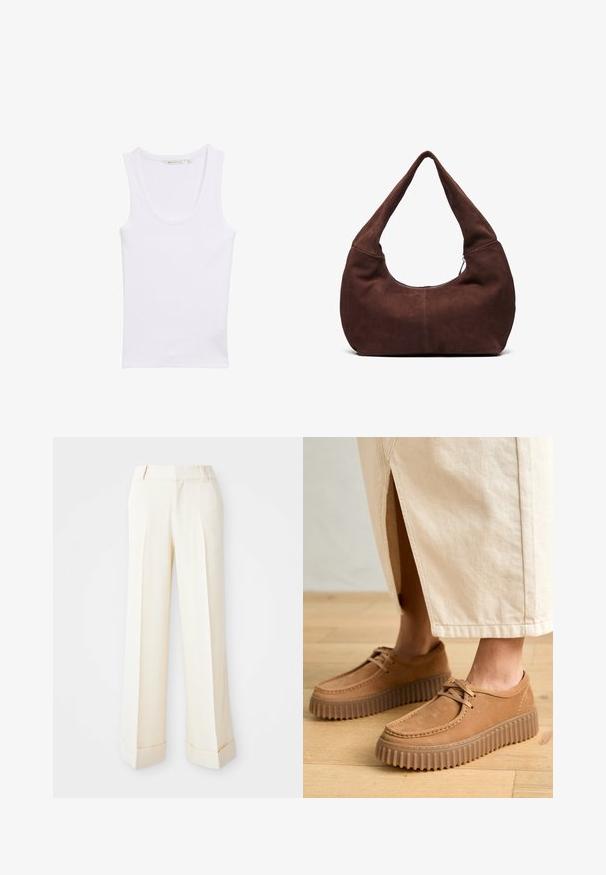 Bijeli pamučni top bez rukava s okruglim izrezom. Ima prilagođeni kroj i glatku teksturu. Bez uzoraka ili ukrasa.; Bež hlače širokih nogavica s glatkom teksturom, prednjim plisama i preklopljenim rubovima. Imaju petlje za remen i zatvaranje na zip.; Smeđe kožne cipele s teksturiranom površinom, okruglim prstima i debelim, rebrastim potplatima. Šnure i detalji šivanja obogaćuju dizajn.; Smeđa suknjena hobo torba s zakrivljenom, širokom ručkom i velikim otvorom. Mekana tekstura s vidljivim šavovima duž rubova.