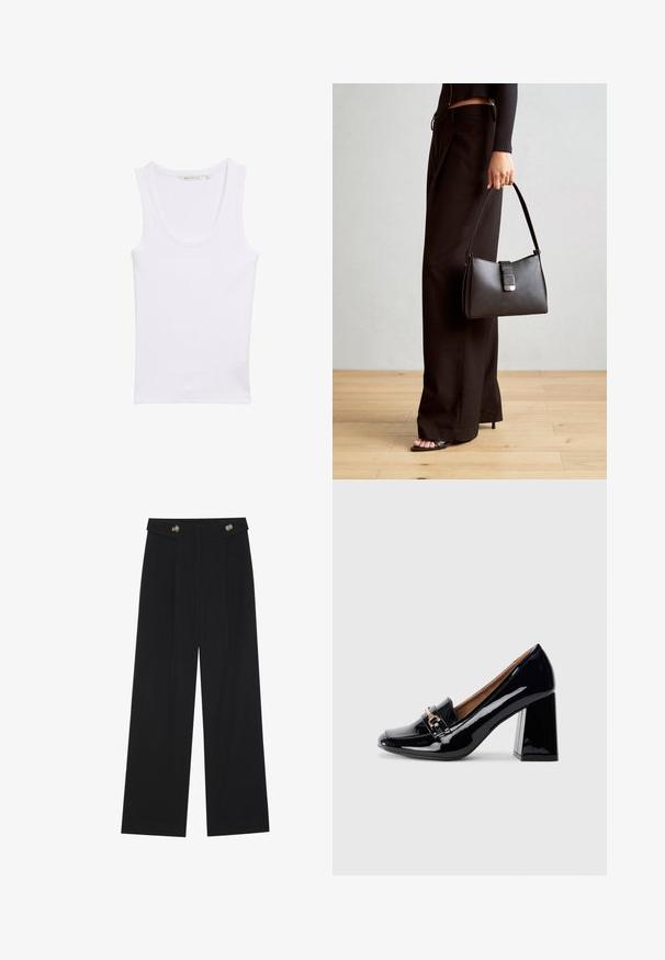 Balta medvilnės liemenė su apvaliu iškirpimu. Turi prigludusią siluetą ir lygią tekstūrą. Be raštų ar puošmenų.; Juodi plačios kojos kelnės su aukštu liemeniu, sagų detalėmis ant liemens ir priekinėmis raukšlėmis.; Juodas lakinės odos aukštakulnis batas su smailiu nosiu ir blokiniu kulnu. Papuoštas dekoratyviniu dirželiu ir sagtimi ant bato priekinės dalies.; Juodas rankinė struktūrizuota forma, lygi tekstūra ir metalinis užsegimas. Suporuota su plačiomis juodomis kelnėmis ir atvirais bateliais ant medinių grindų.