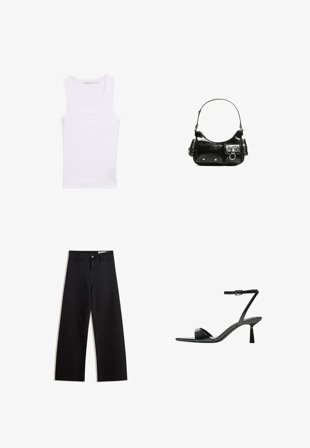 White cotton tank top with a scoop neckline. Features a fitted silhouette and smooth texture. No patterns or embellishments.; Black wide-leg denim pants with a high waist, featuring front and back pockets, stitched seams, and a button closure. Smooth texture.; Bershka High heeled sandals - black; Black patent leather handbag with a curved shape, one shoulder strap, front pockets, and silver-tone hardware accents.