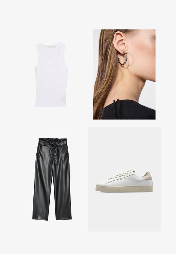 Valge puuvillane kampsun, millel on ümarkaelus. Omab sobivat siluetti ja sujuvat tekstuuri. Ilma mustrite või kaunistusteta.; Must mustra aktiivse nahaga laiad püksid elastse kroogitud vöökoht ja eemaldatav sidumisrihm. Sile tekstuur ja minimaalne sära.; Valge nahast toss, millel on sile pind, beežist seemisnahast aktsendid, ümar nina, lame puuvillane pael ja tekstuuriga kummitald.; Hõbedane rõngas kõrvarõngas poleeritud viimistlusega, millel on väikesed kuldsed aktsendid ja ümmargune kuju, kantud lobus.