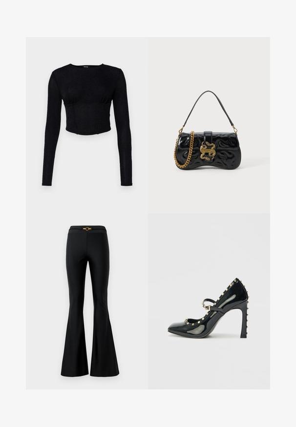 Must mustriga pikkade varrukatega crop-top, mis on valmistatud tekstureeritud kangast, millel on liibuv disain ja kogutud detailid rinnaosas.; Mustad laiad püksid siledast kangast, millel on rõhutatult keha järgivad vööd ja ees kuldne ringikujuline aksessuaar. Valmistatud venivast materjalist.; Mustmust musta lakknahast kõrge kontsaga king, millel on terav nina, pahkluu rihm ja kultased nurgapunktid äärtes.; Must beegi kunstnahast käekott, millel on sissepressitud lainemuster, kuldse tooni ahelhihn ja dekoratiivne madala kujuga lukustus, millel on logo detail.