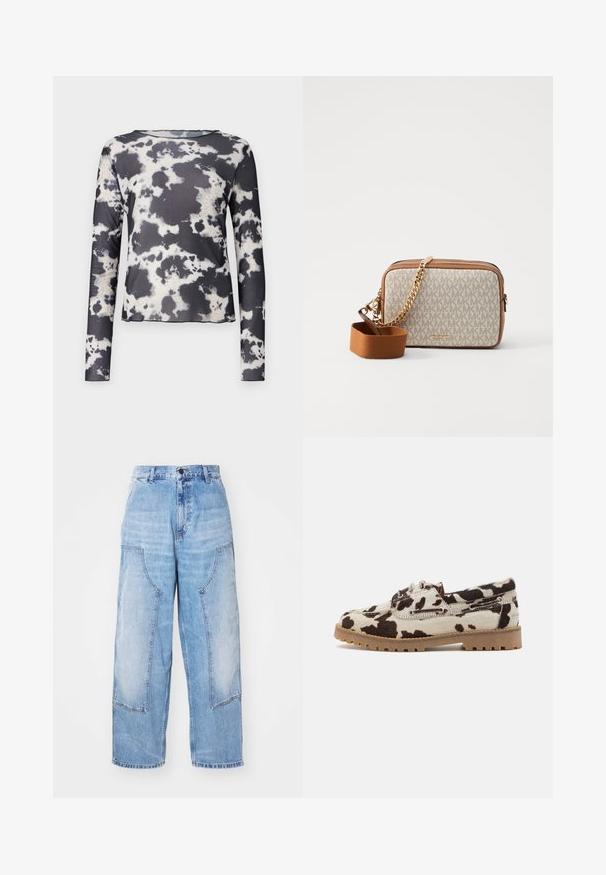 Object OBJMONTANA - Top s dlouhým rukávem - black; Světle modré džíny s širokými nohavicemi, dvěma velkými předními kapsami, zapínáním na knoflík a jemným vyblednutím. Prošívané detaily na kapsách.; Boty s koženým vzorem, které mají krémový základ a tmavě hnědé skvrny, vyrobené s gumovou podrážkou a šněrováním.; Crossbody kabelka z krémové tkaniny s opakujícím se vzorem loga MK, hnědými koženými detaily a zlatým řetízkovým popruhem s odnímatelným hnědým popruhem.