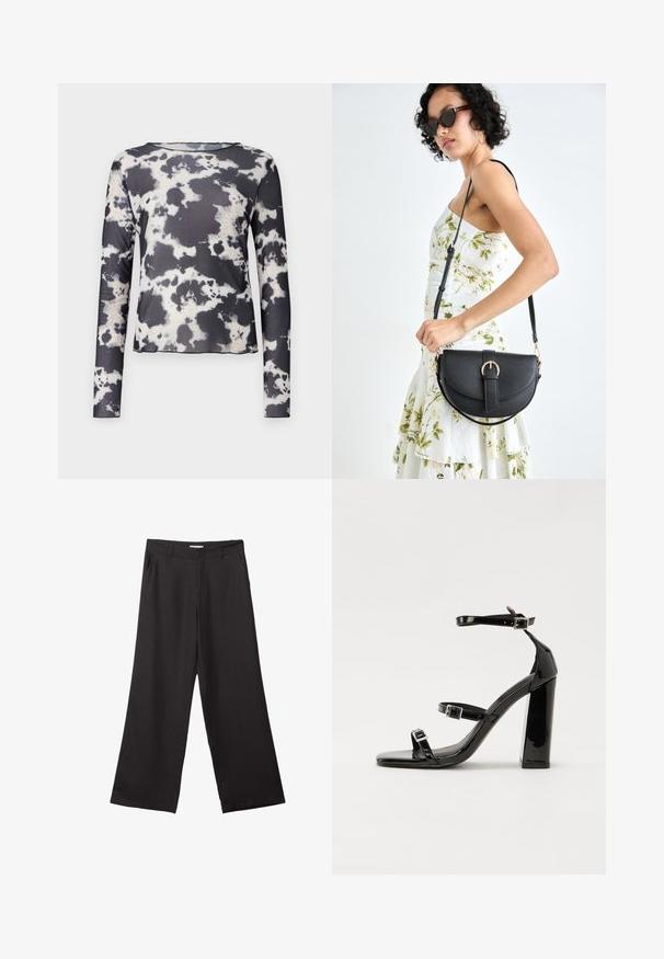 Object OBJMONTANA - Maglietta a manica lunga - black; Pantaloni neri a gamba larga realizzati in tessuto liscio, con zip frontale e due tasche laterali, dal taglio sartoriale e design minimalista.; Sandali con tacco in vernice nera, con punta squadrata, cinturini alla caviglia e fibbie in argento. Presentano un tacco a blocco spesso per maggiore stabilità.; Borsa a tracolla nera in pelle con una forma curva, manico rimovibile e accessori dorati. La borsa presenta una patta con un dettaglio a fibbia.