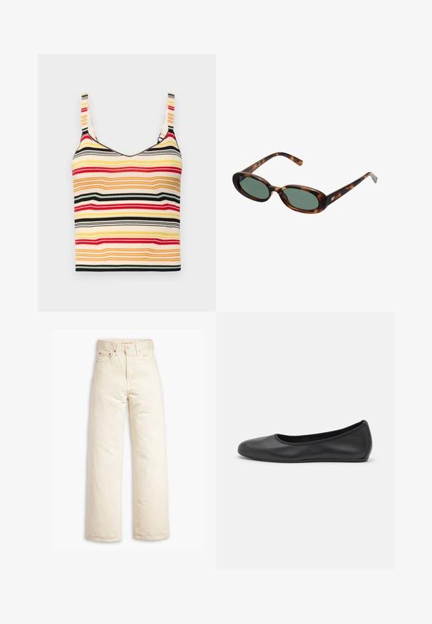 Svītrains īsās topiņš ar platām plecu siksnām dzeltenā, sarkanā, melnā un krēmkrāsas toņos. Ribota tekstūra un noapaļots kakla izgriezums.; Beige platās kājas džinsi, izgatavoti no kokvilnas denima. Iespējas ietver augstu jostasvietu, pogu aizdari un piecu kabatu dizainu. Gluda, izturīga tekstūra.; Melna ādas baleta kurpe ar noapaļotu purngalu, gludu tekstūru, minimālu šuvju detalizāciju un elastīgu zoles dizainu.; Bruņurupuča apvalka saulesbrilles ar ovālām rāmēm un zaļiem stikliem. Rāmjiem ir plānas kājas ar metāla akcentu tuvu eņģēm.; Melna soma, kas izgatavota no strukturētas ādas ar noapaļotu formu. Tajā ir plāna plecu siksna un dekoratīvi reljefi raksti.