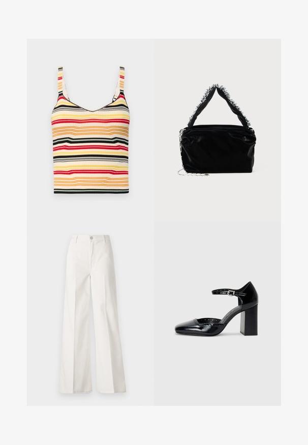 Striped cropped tank top with wide shoulder straps in yellow, red, black, and cream. Ribbed texture and a rounded neckline.; White wide-leg trousers made from cotton with a smooth texture. Features a front button, zipper fly, and four-pocket design.; Black patent leather high-heeled shoes with a square toe, ankle strap, and a chunky heel. Includes perforated detailing along the rim.; Black faux leather handbag with a textured finish, featuring a beaded silver accent along the top handle and a chain strap.