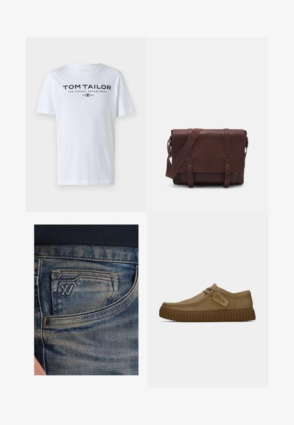 White cotton t-shirt featuring a crew neck, short sleeves, and navy text reading "TOM TAILOR THE CASUAL DEPARTMENT 1962."; Blue denim jeans with a faded texture, featuring a coin pocket and a black logo accent on the front. Waistband is dark navy ribbed fabric.; Light brown suede shoes with a rounded toe, stitched detailing, and a ribbed brown rubber sole. Features a side tag with "Clarks" logo.; Brown leather messenger bag with a flat front flap, two straps, gold hardware accents, and an adjustable shoulder strap.
