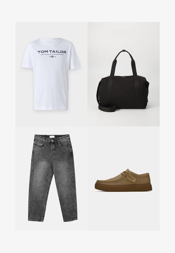 White cotton t-shirt featuring a crew neck, short sleeves, and navy text reading "TOM TAILOR THE CASUAL DEPARTMENT 1962."; Black washed straight-leg jeans with front and back pockets, belt loops, and a button closure at the waist.; Light brown suede shoes with a rounded toe, stitched detailing, and a ribbed brown rubber sole. Features a side tag with "Clarks" logo.; Black duffel bag with thick handles and a detachable strap. Made of smooth fabric, featuring a zip closure and minimalist design.