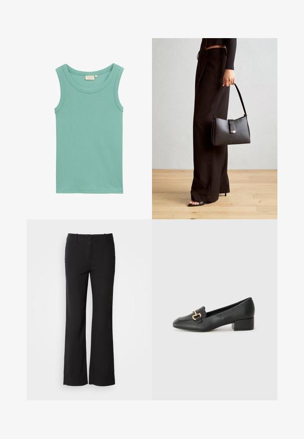 Light teal tank top made from ribbed cotton, featuring a round neckline and sleeveless design with no embellishments.; Black cotton blend trousers with a straight-leg design, front button closure, and two side pockets. Smooth texture, no visible patterns.; Black leather loafers with a flat heel, featuring a decorative gold hardware detail on the front and a smooth texture.; Black handbag with structured shape, smooth texture, and a metallic clasp. Paired with wide black pants and open-toe sandals on wooden floor.