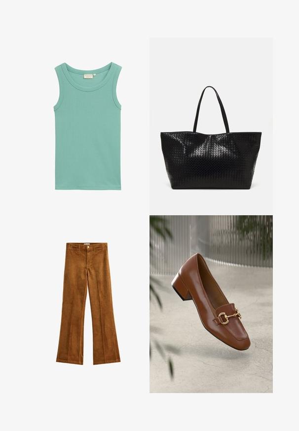 Top in cotone a coste di un tenue colore turchese, con scollatura rotonda e senza maniche, privo di decorazioni.; Pantaloni a gamba larga in corduroy marrone con una finitura testurizzata, cinque tasche e chiusura con bottone. Vita piatta con passanti per cintura e design a gamba larga.; Mocassino in pelle verniciata marrone con punta quadrata, accentato da catena metallica e tacco basso; texture liscia, design minimalista.; Borsa tote nera intrecciata con due manici robusti, caratterizzata da una texture lucida e un ampio design a apertura aperta.