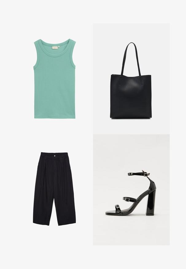 Lyse teal tank top lavet af ribbet bomuld, med rund halsudskæring og ærmeløs design uden pynt.; Sorte polyester culotte bukser med elastisk talje, to forpiber og en løs silhuet. Ingen synlige mønstre eller hardware detaljer.; Sorte patenterede hælsandaler med firkantet tå, ankelremme og sølvspænder. Har en chunky blokHæl for stabilitet.; Sort læder tote taske med glat tekstur, rektangulær form og to lange hanke. Ingen synlig hardware eller udsmykninger.