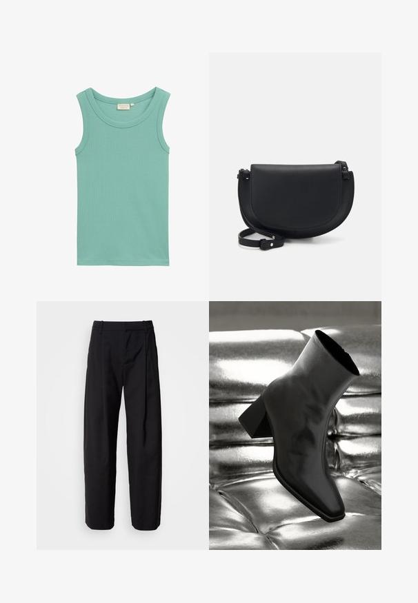 Gaiši tirkīza krāsas topiņš bez piedurknēm, izgatavots no ribota kokvilnas, ar apaļu kakla izgriezumu un bez rotājumiem.; Melnas bikses ar brīvu piegriezumu, līdzenu priekšpusi un jostas cilpām. Gluda auduma un taisni kājas, ar sānu kabatām.; Melnas potītes kurpes, izgatavotas no spīdīga materiāla, ar kvadrātveida purngalu un konusveida papēdi, novietotas uz spīdīga sudraba izšūta fona.; Melna ādas crossbody soma ar izliekta formu, magnētisko atloku aizdari, regulējamu siksniņu un uzdrukātu logo detaļu priekšpusē.