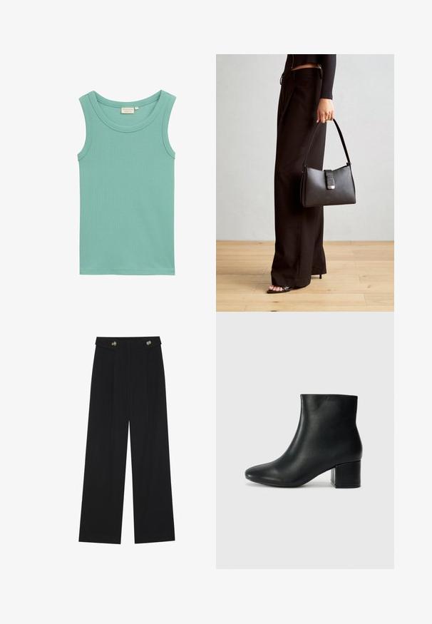 Vaaleansininen hihaton toppi, joka on valmistettu ribdatuista puuvillasta. Topissa on pyöreä kaula-aukko ja se on koristelematon.; Mustat leveälahkeiset housut, joissa on korkea vyötärö, napit vyötärönauhassa ja etupuolella laskokset.; Musta nahkasaappaat nilkkapituudella, jossa on terävä kärki ja paksu korko. Silkkinen pinta, jossa on minimaaliset yksityiskohdat ja tyylikäs, istuva muotoilu.; Musta käsilaukku, jossa on rakenteellinen muoto, sileä pinta ja metallinen solki. Yhdistetty leveisiin mustiin housuihin ja avonaiheisiin sandaaleihin puulattialla.