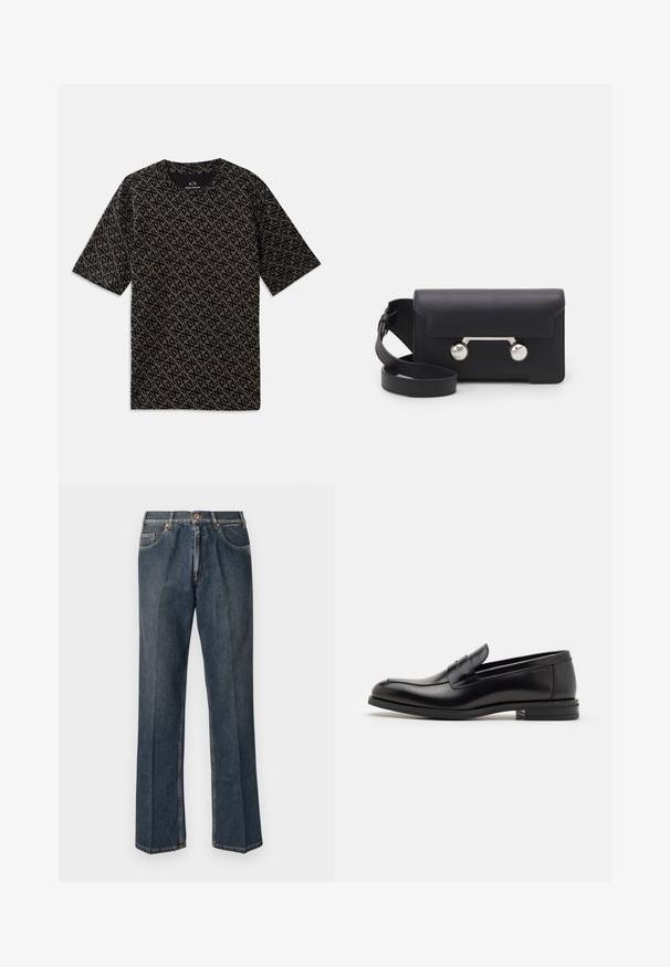 Black T-shirt featuring an all-over geometric pattern in gold. Short sleeves, round neck, lightweight fabric, casual fit.; Dark blue straight-leg denim jeans with front button, zip fly, double front pockets, and visible vertical creases down the legs.; Black leather loafers with a smooth texture, rounded toe, and a decorative strap across the vamp. Low stacked heel, minimalist design.; Black leather crossbody bag with a flap closure, silver-tone hardware, and two round accents. Features a detachable strap. Smooth texture.