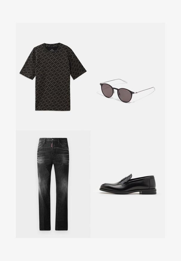 T-shirt preta com um padrão geométrico dourado em toda a peça. Mangas curtas, decote redondo, tecido leve, corte casual.; Jeans de denim preto com um corte reto. Apresentam áreas desbotadas, ligeira degradação, design clássico de cinco bolsos e um fecho de botão.; Mocassins de couro preto com uma textura suave, bico arredondado e uma faixa decorativa sobre o peito do pé. Salto baixo e empilhado, design minimalista.; Óculos de sol redondos pretos com lentes escuras e hastes metálicas finas. Inclui pontas de templo transparentes e detalhes em prata na dobradiça. Design minimalista.