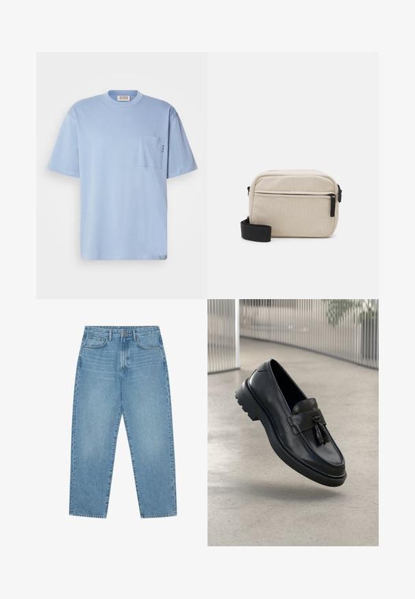 Šviesiai mėlyna medvilninė marškinėliai. Su apvaliu kaklu, trumpomis rankovėmis ir krūtinės kišene su dekoratyvine siuvinėjimu. Lygus paviršius.; Šviesiai mėlyni džinsai iš džinsinio audinio, tiesaus kirpimo, su penkiomis kišenėmis ir šiek tiek blukinta tekstūra. Turi sagos ir užtrauktuko užsegimą.; Juodi odiniai bateliai be užsegimo su lygiu paviršiumi, dekoratyvine kutu, stora guminė pado danga ir siūtais akcentais. Lengvi ir elegantiško dizaino.; Grietos spalvos kordūrinė per petį nešama rankinė su juodu užtrauktuku, nuimamu diržu ir tekstūruotu raštu. Yra viena pagrindinė kišenė ir priekinė kišenė.; Sidabriniai auskarai, sudaryti iš dviejų porų apyrankių ir šešių porų įsukamų auskarų, kurie turi įvairias formas ir tekstūras, įskaitant juodus akcentus.