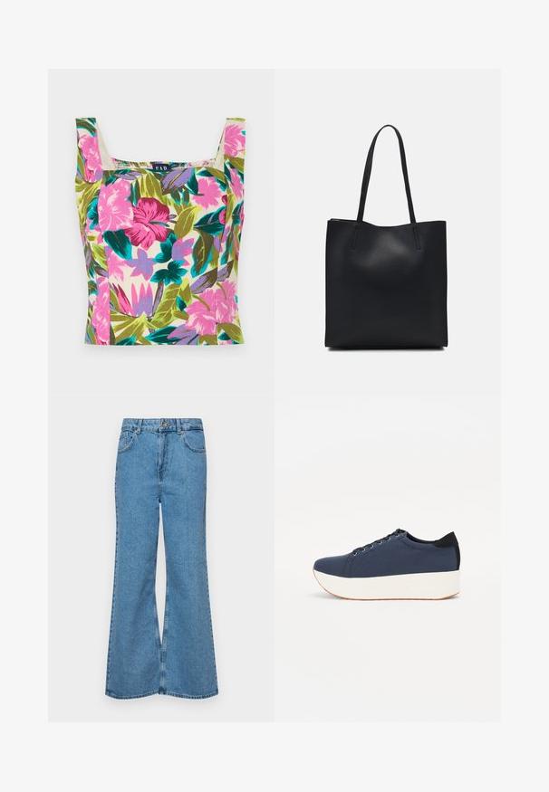 Blomstret crop top i flerfarvet stof med pink, lilla og grønne mønstre. Fyrkantet halsudskæring og brede skulderstropper.; Lysblå flagrende jeans lavet af denim, med høj talje, fem lommer og en enkelt knaplukning. Blød tekstur med en falmet finish.; Mørkeblå sneakers med en struktureret stofoverdel, hvid platformssål, rund tå og sort hælakkent. Har seks snøreøjer til snørebånd.; Sort læder tote taske med glat tekstur, rektangulær form og to lange hanke. Ingen synlig hardware eller udsmykninger.
