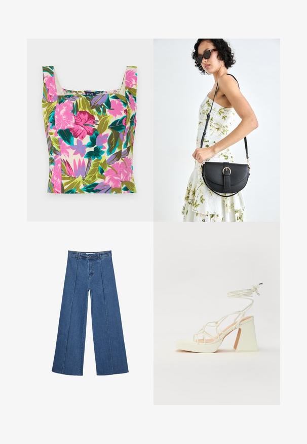 Cvjetni crop top izrađen od višebojnog materijala s uzorcima u ružičastoj, ljubičastoj i zelenoj boji. Kvadratni izrez i široke naramenice.; Široke traperice u srednje plavoj boji, s visokim strukom, zatvaranjem na dugme i kontrastnim vertikalnim šavovima duž prednje strane.; Bijela sandala na visokoj potpetici s debelim petom, s remenom i vezanjem oko gležnja. Glatka tekstura s platformom sprijeda za dodatnu visinu.; Crna kožna torba s lukovitim oblikom, odvojivim remenom i zlatnim detaljima. Torba ima preklop s kopčom.