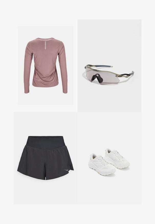 Langarmshirt van zachtroze stof, met een gestructureerd patroon en een ronde halslijn. Etiket op de achterkant toont "Swedemount."; Zwarte sportieve shorts met een brede, gladde tailleband. Heeft een uitlopende vorm en een reflecterend logo-detail aan de rechteronderzijde.; Witte sportschoenen met een bovenwerk van mesh, verstevigde neus, dikke gevoerde zool en een getextureerd profiel voor grip.; Zonnebril met een doorschijnend grijze frame, getinte lenzen en een hoekig ontwerp. Heeft een kenmerkend neusstuk en gestructureerde donkergrijze tempels.