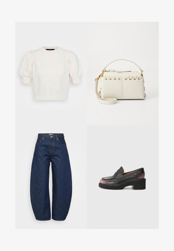 Pulover s kratkimi rokavi v mehkem kremnem pletenju, z nabranimi rokavi, okroglo ovratnikom in prostornim krojem. Teksturo tkanine z rahlim vzorcem.; Temne modri kavbojki z višjim pasom, širokimi hlačnicami, sprednjim gumbom in zadrgo ter klasičnim petim žepom.; Črne usnjene loafers čevlje z zaobljenim prstom, naglasno trakico in tonalnim gradientom od črne do temno roza na peti. Imajo robusten podplat.; Bela torbica iz umetnega usnja z zgornjim zadrgo, kratkim ročajem in odstranljivim naramnim trakom z zlatimi detajli. Stranske vezave.; Srebrna obročasta uhana s polirano površino, ki vključuje majhne zlate poudarke in okroglo obliko, nošena na ušesnem lobu.