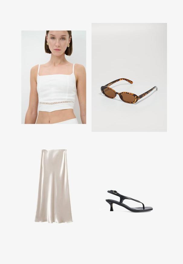 Hvid crop top lavet af linned, med firkantet udskæring, tynde stropper og en dekorativ udskåret blondepanel ved livet.; Satin midi nederdel i creme, med en glat, blank overflade og en A-formet silhuet. Enkel design uden yderligere udsmykninger.; Sort læder sandal med et slankt design, tynde stropper og en lille hæl. Har en spænde detaljer og en glat, tekstureret indersål.; Skildpadde-solbriller med ovale stel, brune linser og slanke sorte arme med diskrete mønster-indsatser.; Rød læderhåndtaske med en sølvfarvet kædestrop, rund form, plisseret design og en metalspænde øverst. Udsmykket med et logodetail.