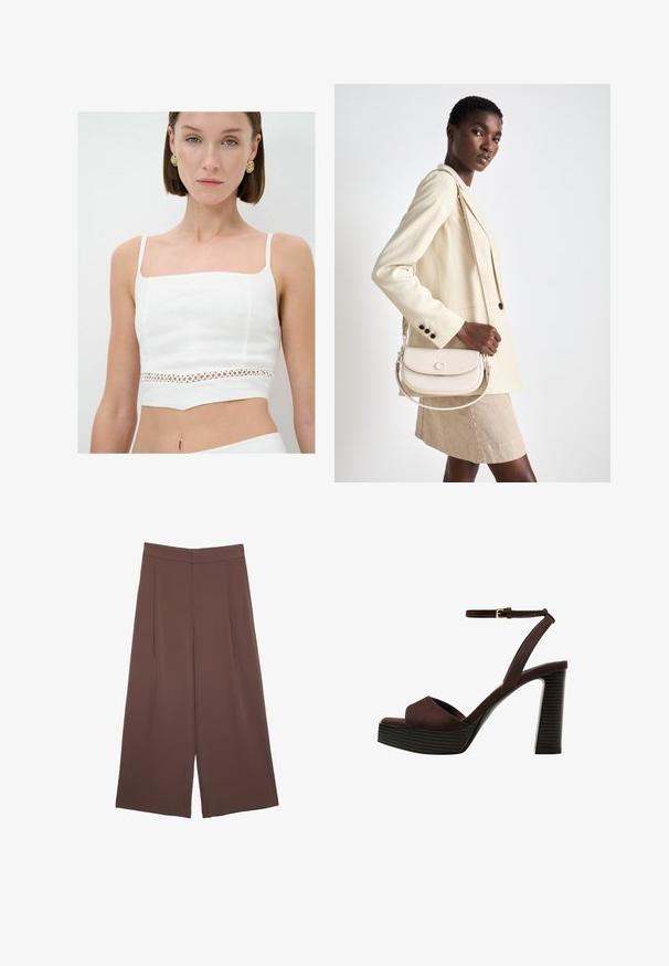 Hvid crop top lavet af linned, med firkantet udskæring, tynde stropper og en dekorativ udskåret blondepanel ved livet.; Brune bredbunde bukser med en glat tekstur, der har høj talje og plisseringer foran. Stoffet er let og falder løst.; Brune ruskinds højhælede sandal med åben tå, justerbar ankelrem og en stribet plade sål.; COACH EMMY SADDLE BAG 23 - Håndtasker - chalk