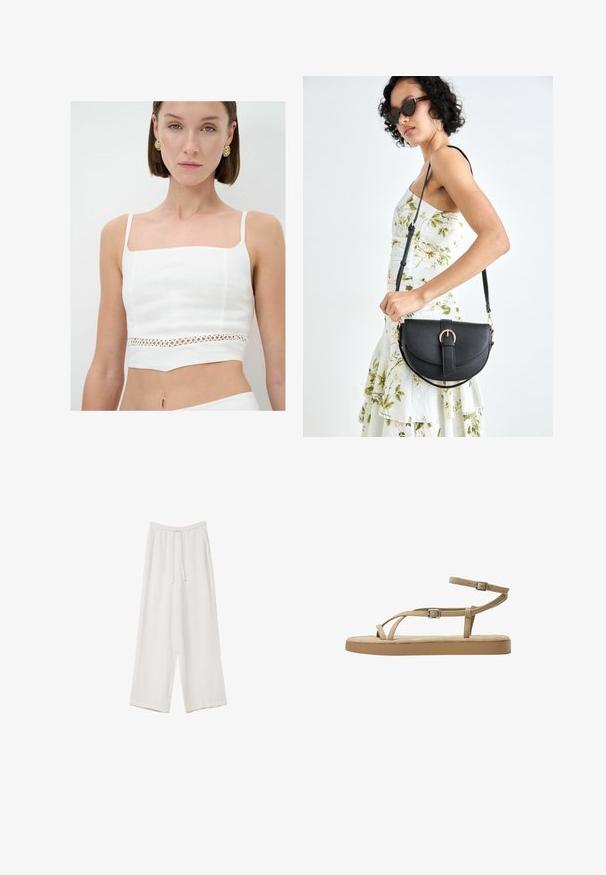 Weißes Crop-Top aus Leinen mit einem quadratischen Ausschnitt, dünnen Trägern und einem dekorativen ausgeschnittenen Spitzenpanel an der Taille.; Weiße weit geschnittene Hose aus leichtem Stoff. Mit einem elastischen Bund und Kordelzug sowie Seitentaschen. Glatte Textur.; Beige Sandalen mit schmalen Riemen, Schnallen-Detail und gepolsterter Sohle. Die Riemen sind aus einem weichen Material gefertigt, das für Komfort und Atmungsaktivität sorgt.; Schwarze Lederhandtasche mit geschwungener Form, abnehmbarem Tragegurt und goldenen Beschlägen. Die Tasche verfügt über einen Deckel mit einer Schnallen-Details.