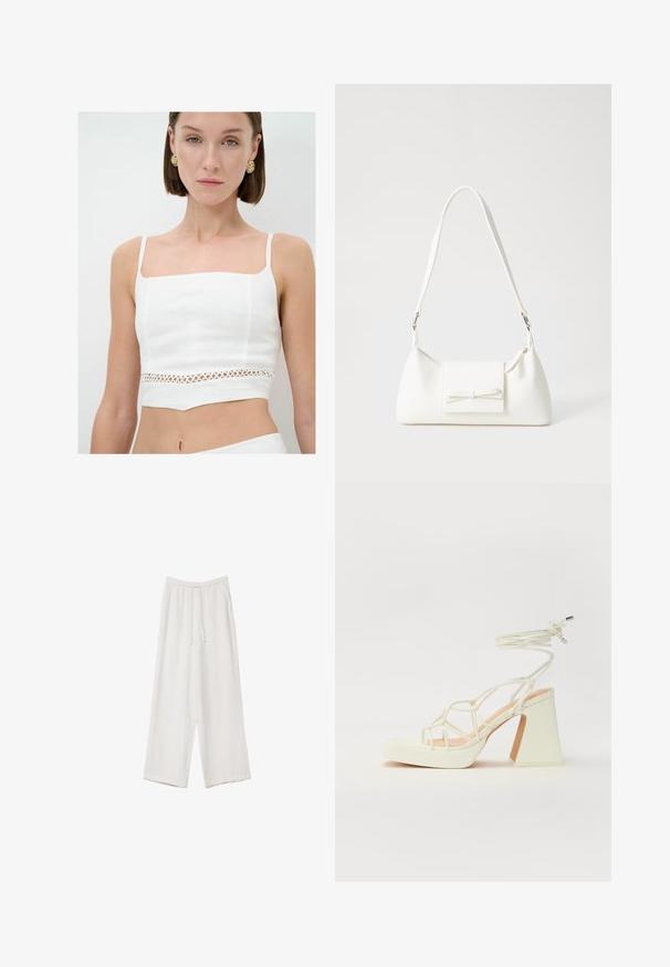 Weißes Crop-Top aus Leinen mit einem quadratischen Ausschnitt, dünnen Trägern und einem dekorativen ausgeschnittenen Spitzenpanel an der Taille.; Weiße weit geschnittene Hose aus leichtem Stoff. Mit einem elastischen Bund und Kordelzug sowie Seitentaschen. Glatte Textur.; Weiße High-Heel-Sandale mit einem klobigen Absatz, die über ein Riemchendesign und ein Knöchelband verfügt. Glatte Textur mit einer Plattform vorne für zusätzliche Höhe.; Weiße synthetische Handtasche in dreieckiger Form, flache Vorderklappe und Schleifendetail, verstellbarer Trageriemen, glatte Textur und minimalistisches Design.