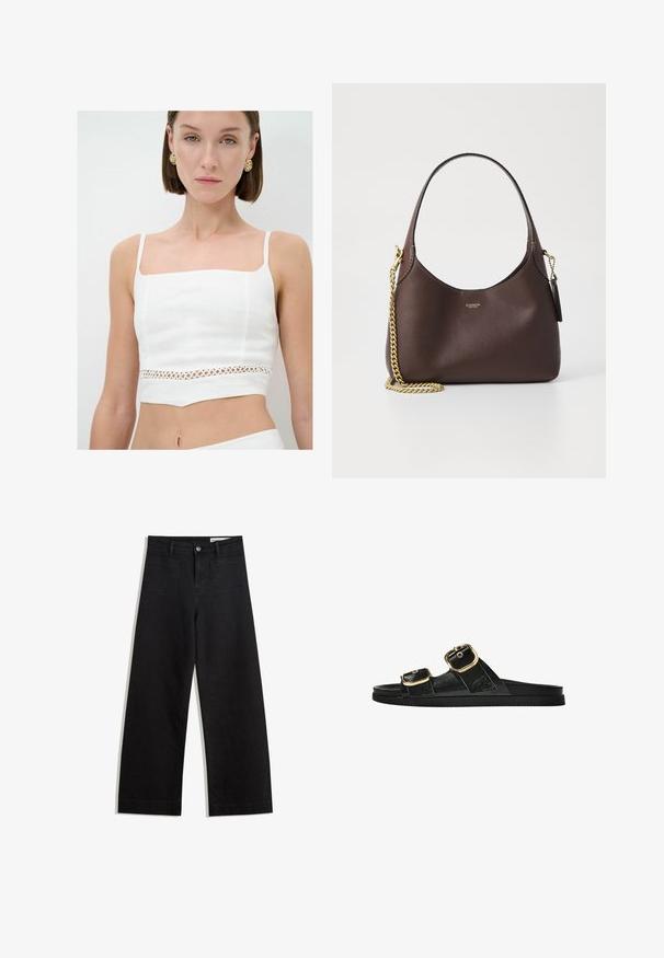 Weißes Crop-Top aus Leinen mit einem quadratischen Ausschnitt, dünnen Trägern und einem dekorativen ausgeschnittenen Spitzenpanel an der Taille.; Schwarze weit geschnittene Jeans mit hoher Taille, ausgestattet mit Vorder- und Hintertaschen, gesteppten Nähten und einem Knopfverschluss. Glatte Textur.; Schwarze Riemensandale mit zwei goldenen Schnallendetails, glattem Material, flachem Sohlen und minimalistischer Gestaltung.; COACH BROOKLYN SHOULDER BAG 23 - Handtasche - maple