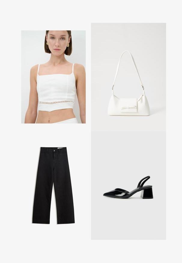 Hvid crop top lavet af linned, med firkantet udskæring, tynde stropper og en dekorativ udskåret blondepanel ved livet.; Sorte wide-leg denim bukser med høj talje, der har front- og baglommer, syede sømme og en knaplukning. Glat tekstur.; Sorte patentlæder slingback hæle med spids tå og en geometrisk blok hæl. Har et elegant, minimalistisk design og en glat tekstur.; Hvid syntetisk håndtaske med en trekantet form, flad forsideklap og sløjfedetalje, justerbar strop, glat tekstur og minimalistisk design.