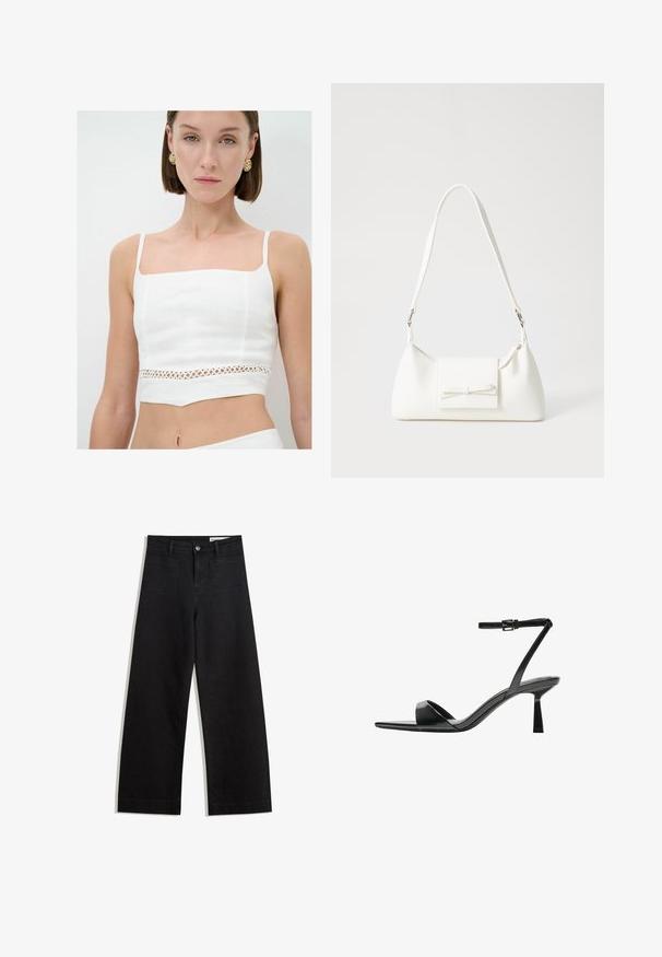 White crop top made of linen, featuring a square neckline, thin straps, and a decorative cut-out lace panel at the waist.; Black wide-leg denim pants with a high waist, featuring front and back pockets, stitched seams, and a button closure. Smooth texture.; Bershka High heeled sandals - black; White synthetic handbag with a triangular shape, flat front flap and bow detail, adjustable strap, smooth texture, and minimalistic design.