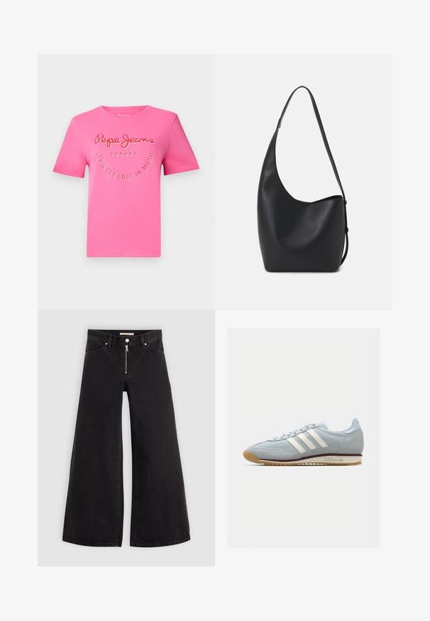 Rosa bomull T-skjorte med korte ermer, med «Pepe Jeans London» og «LET'S GET LOST IN MUSIC» tekstdesign. Glatt tekstur og rund hals.; Vide benbukser i sort denim med glidelås i front, fem-lomme design og subtile sømdetaljer. Glatt tekstur og avslappet stil.; Lys blå semsket sneakers med hvite tre striper, gummisåle og teksturert mesh. Har en jevn tåhette og merkevare på hælen.; Svart lær hobo-veske med glatt tekstur, buet form og enkelt justerbart stropp; har en bred åpning på toppen.
