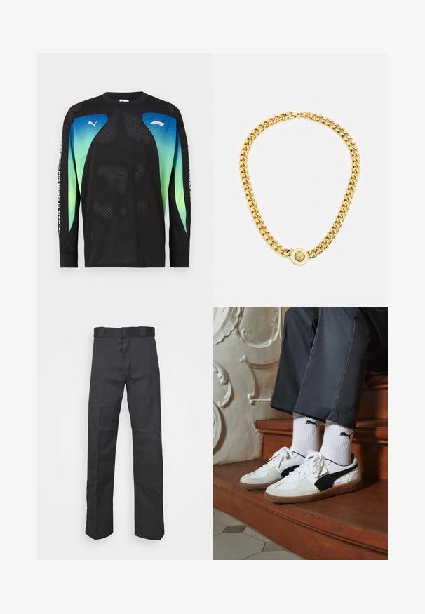 Crna majica dugih rukava od mrežaste tkanine sa plavim i zelenim gradijentnim detaljima. Uključuje Puma logo na prsima i tekst duž rukava.; Crne hlače od izdržljivog materijala, s ravnim krojem, pojasom s peteljkama i šavovima za dodatnu teksturu.; Puma tenisice u bijelom i crnom nubuku, s smešnim gumastim potplatom. Uparene su s bijelim čarapama s crnim logom, nosene uz tamne hlače.; Zlatna ogrlica s velikim isprepletenim karikama, koja sadrži kružni detalj na sredini s uzdignutim grbom.