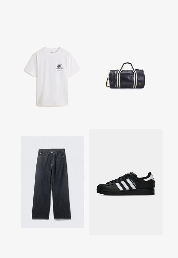 Camiseta de algodón blanca con mangas cortas, que presenta una impresión gráfica negra en el lado izquierdo que incluye el logo de Vans y detalles en texto.; Jeans de mezclilla oscura de pierna ancha con una cinturilla alta, con remaches de tono cobrizo y costuras en contraste, textura suave y sin patrones visibles.; Zapatilla negra Adidas Superstar con rayas blancas, punta de concha y texto "Superstar" en el lateral, mostrada en perfil lateral sobre un fondo blanco.; Bolso de lona azul marino hecho de material suave, con rayas blancas y un bolsillo con cremallera. Incluye asas dobles y una correa para el hombro.