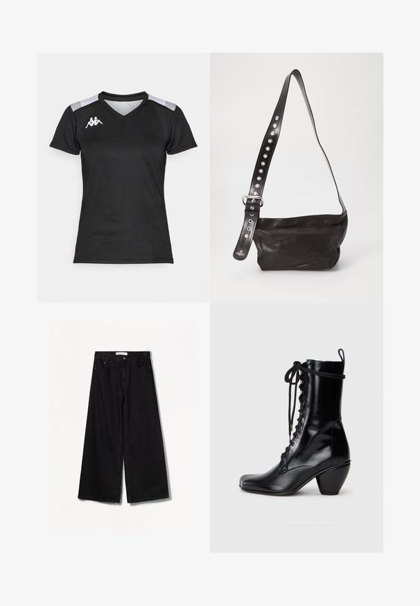 Fekete sportpóló rövid ujjakkal. V-alakú nyakkivágással, szürke vállbetétekkel és fehér logóval a bal mellrészen. Sima tapintású.; Bershka WIDE-LEG - Széles szárú - black; Fekete bőr bokacsizma négyzet alakú orral, elöl fűzött dizájnnal és vastag, kiugró sarokkal. Simább textúra és elegáns kivitel.; Fekete bőr keresztbody táska texturált felülettel, széles, állítható pánttal, ezüst fém szegecsekkel és fémből készült csattal díszítve.
