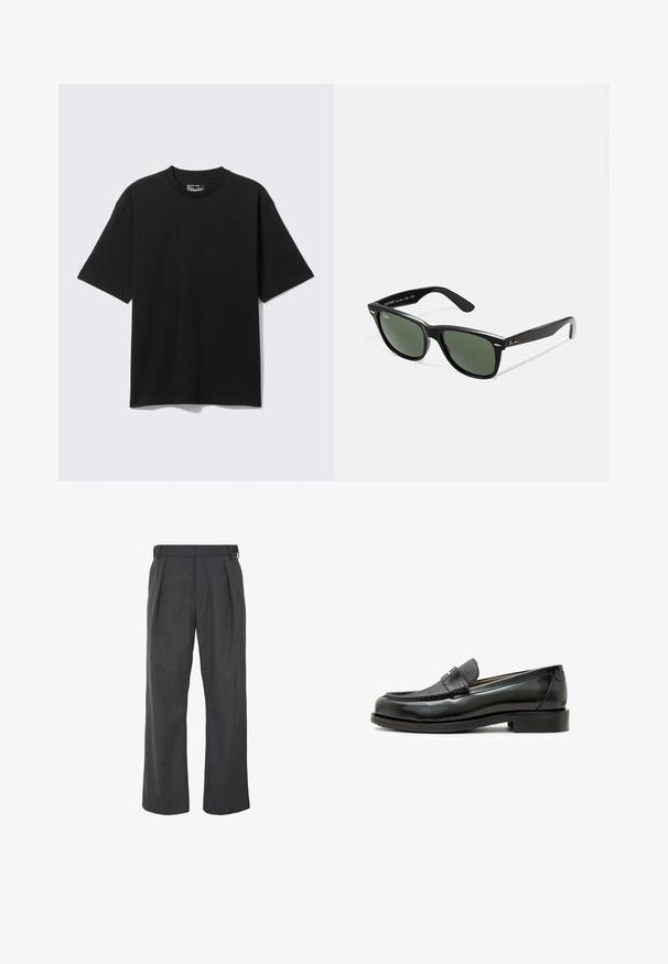 Sort bomulds-T-shirt med korte ærmer, rund hals og en afslappet pasform. Stoffet har en glat tekstur uden synlige mønstre eller detaljer.; Vide ben bukser i mørkegrå stof, med en glat tekstur, plisseret front og justerbare sidebånd for pasform.; Sort læder loafers med en struktureret sort læderdetalje, rund tå og en lav blokhæl; har en dekorativ metal detalje.; Sorte plastiksolkaber med grønne linser, firkantede stel, sølvaccent på brynene og teksturerede templede arme. Angivet mærke på den indre arm.