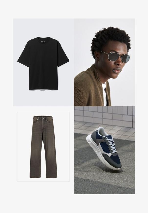 Black cotton t-shirt with short sleeves, crew neck, and a relaxed fit. The fabric has a smooth texture with no visible patterns or accents.; Wide-leg jeans in dark grey denim, featuring a high waist, classic five-pocket design, and contrasting stitching along the seams.; Sneaker featuring a navy blue mesh upper, gray suede accents, white rubber sole, and flat white laces, designed for comfort and breathability.; Sunglasses featuring a silver metal frame, aviator shape, and dark tinted lenses. Styled with a ribbed brown bomber jacket.