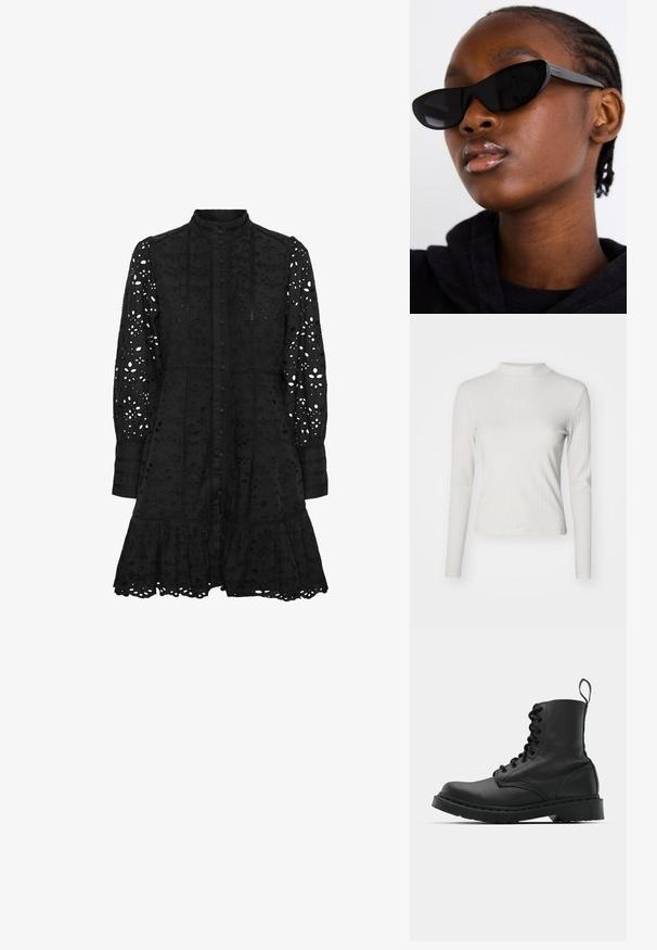 Long-sleeve, light gray ribbed top with a high neck. Features a fitted silhouette and soft texture. No visible patterns or hardware.; Black embroidered dress with a high collar, button front, long sleeves, and a ruffled hem. Features cut-out floral and geometric patterns.; Black leather combat boot with a round toe, lace-up front, and a pull tab at the ankle. Features a thick rubber sole for durability.; Black cat-eye sunglasses with a matte finish, featuring a sleek design and gently curved edges, set against a model's dark clothing.