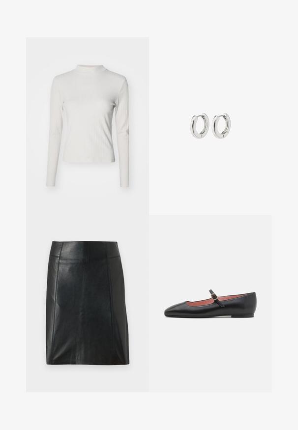 Dugi rukav, svijetlobejpli rebrasti top s lažnim okovratnikom i glatkom teksturom, koji se ističe prianjajućim krojem i minimalnim dizajnerskim detaljima.; Crna kožna suknja s prilagođenim dizajnom. Glatka tekstura, šavovi koji oblikuju siluetu i ravni rub. Minimalistički i elegantan izgled.; Crne kožne ravne cipele s šiljastim vrhom i remenom oko gležnja koji ima zlatnu kopču. Glatka tekstura s laganim sjajem.; Srebrne kružne naušnice s poliranim završetkom, koje imaju kružni dizajn i bešavne šarke, prikazujući glatku teksturu.