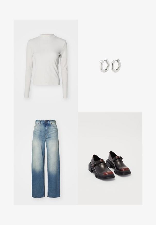 Long-sleeve, light beige ribbed top with a mock neck and smooth texture, featuring a fitted shape and minimal design accents.; Light blue wide-leg jeans with a high waist, made from denim, featuring a faded gradient, five pockets, and metal hardware accents.; Leather block-heeled shoes with a shiny dark burgundy finish, featuring a buckle strap and rounded toe design. Textured outsole for grip.; Silver hoop earrings with a polished finish, featuring a circular design and seamless hinges, displaying a smooth texture.
