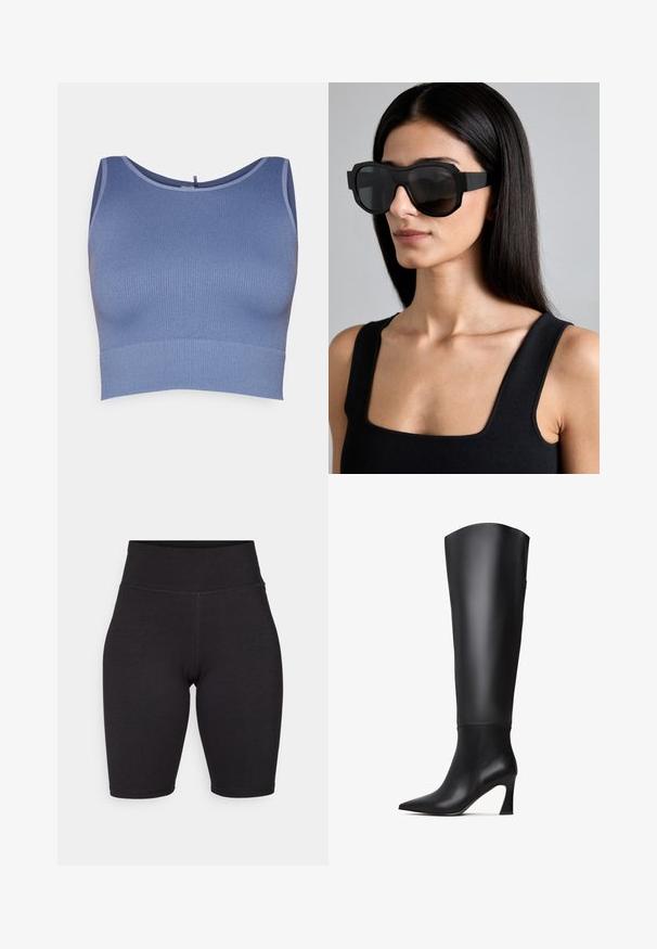 Top scurt ribbed albastru, cu guler rotund și un design ajustat. Materialul are o textură netedă, cu cusături contrastante de-a lungul marginilor.; Ciclism negre dintr-un material elastic. Talie înaltă, textură netedă, lungime până la genunchi, cu cusături pe față și pe spate pentru structură.; Cizme din piele negre, până la genunchi, cu vârf ascuțit, șanț drept și toc înalt îngust. Textură netedă, cu detalii minime.; Ochelari de soare supradimensionați, de culoare neagră, cu un cadru gros, un design unghiular și lentile întunecate cu gradient; purtați cu un top fără mâneci, tot negru.