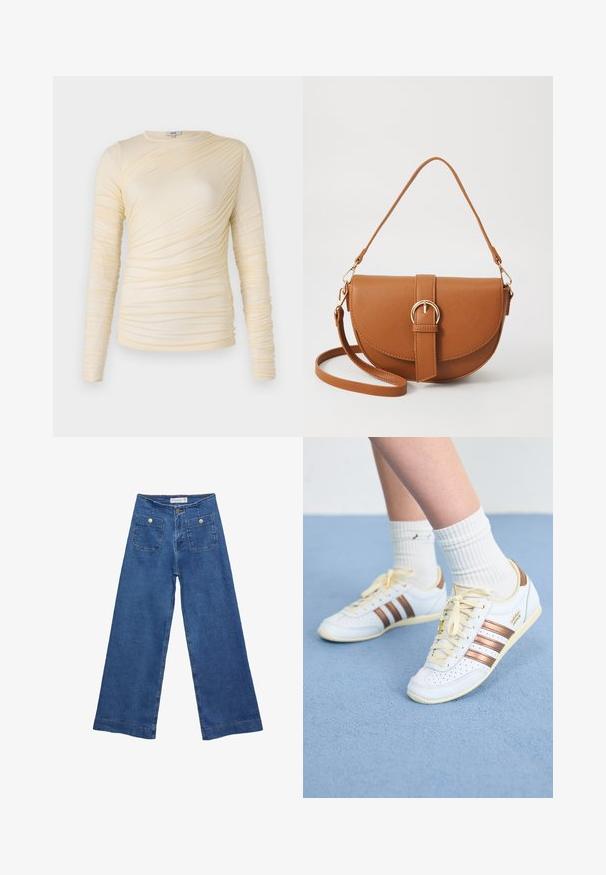 Krema dolgimi rokavi, s skrušenim teksturo in rahlo prilegajočo silhueto. Mehka tkanina z okroglim izrezom in gladkimi šivi.; Jeans širokih nogavic iz denima z medenim modrim pranjem, dvema sprednjima žepoma z gumbnimi zaprtji in šivanjem ob robovih.; Beli teniski z bronastimi črtami, teksturirana usnja, rumeni vezalke in perforirani detajli. Nosijo se z belimi rebrastimi nogavicami na mehki modri površini.; Rjava usnjena torbica prek telesa s ukrivljeno obliko, zlate opreme in sponko. Ima odstranljiv naramni trak.