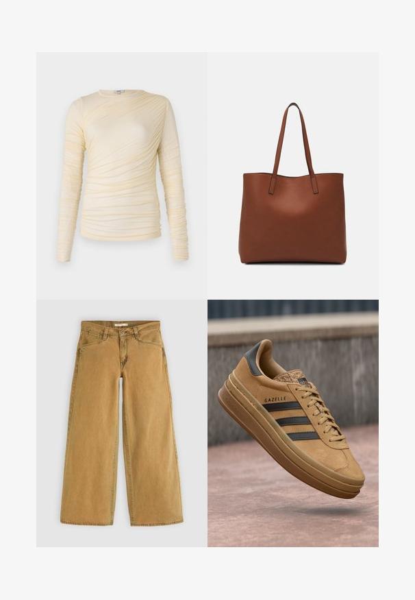 Kreminė ilgomis rankovėmis palaidinė, puošta raukšlėta tekstūra ir lengvai priglundančia siluetu. Minkšta medžiaga, apvaliu iškirpimu ir lygiais siūlėmis.; Plačios kojos, rudos džinsinės kelnės su aukštu liemeniu, turinčios priekinį mygtuką, penkias kišenes ir šiek tiek blukintą apdailą.; Šviesiai rudi zomšiniai sportbačiai su lygiu paviršiumi, turintys tris tamsias juostas, apvalų nosį ir storesnį padu su raštuota briauna.; Ruda odinė priekabų krepšys su glotnia tekstūra, atviru viršumi ir dviem petnešomis. Su minimalia siuvimo detalėmis ir nematoma aparatūra.