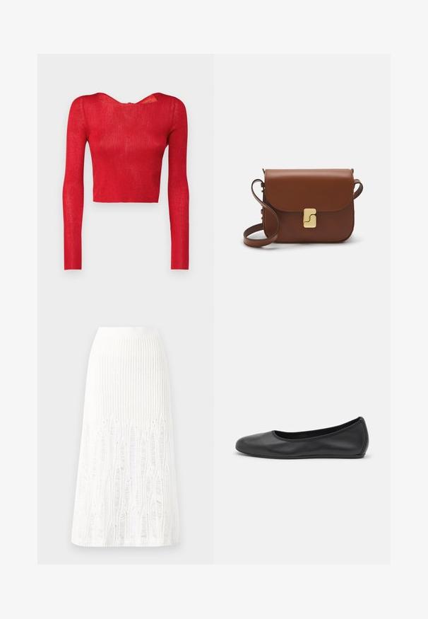 Červený žebrovaný dlouhý rukáv crop top s širokým výstřihem a zipovým uzávěrem na zádech. Hladký povrch a přiléhavý střih.; Pletená bílá midi sukně s texturovaným vzorem a vertikálními pruhy a výřezovými detaily podél spodního okraje. Elastický pas. Měkký materiál.; Černé kožené baletní byty s kulatou špičkou, hladkou texturou, minimálními švy a flexibilním designem podrážky.; Hnědá kožená kabelka s klopou, zlatými kovovými detaily, ramenním popruhem a hladkým povrchem. Kompaktní obdélníkový tvar.