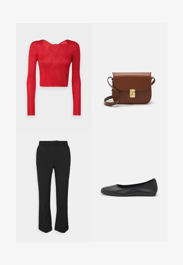 Raudonas raištinis ilgomis rankovėmis trumpas viršus su plačiu iškirpimu ir užtrauktuku nugaroje. Lygi tekstūra ir prigludusi siluetas.; Juodos pritaikytos kelnės su tiesiomis kojomis, su diržo kilpos ir šoninėmis kišenėmis. Pagamintos iš lygios medžiagos su švariu apdailu.; Juodai odiniai baletai su apvaliu pirštu, lygi texture, minimalus siuvimo detales ir lanksčiu padų dizainu.; Ruda odinė rankinė su uždaromu dangteliu, aukso spalvos detalėmis, petneša ir lygiu paviršiumi. Kompaktiška stačiakampio formos.